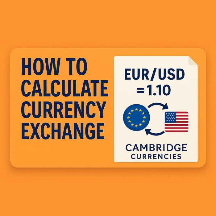 A 2D digital graphic design displays a rectangular thumbnail with an orange background. The left side features bold navy text reading 'HOW TO CALCULATE CURRENCY EXCHANGE'. The right side shows EUR and USD flags with a conversion graphic and the Cambridge Currencies logo.