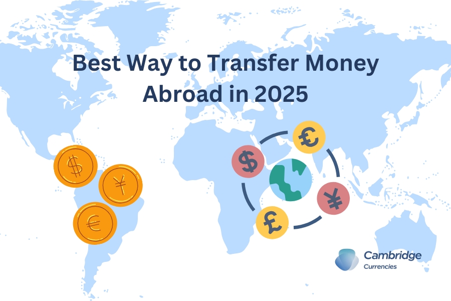 Best Way to Transfer Money Abroad in 2025: World map with currency symbols