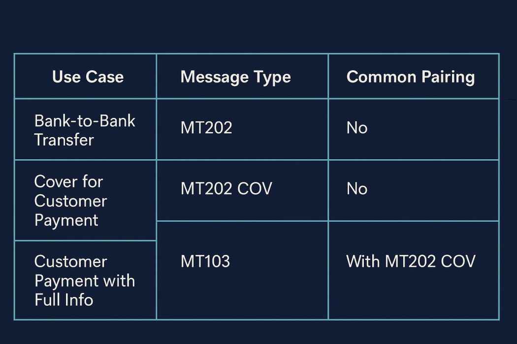 Comparison table showing the differences between MT202, MT202 COV, and MT103 SWIFT messages including use cases and customer data inclusion