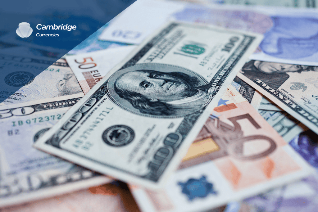 Close-up image of US dollar and euro banknotes scattered, representing international currency exchange services by Cambridge Currencies.