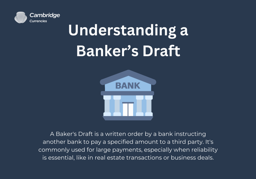Infographic titled 'Understanding a Banker’s Draft' with an icon of a bank building. The text below explains that a Banker’s Draft is a written order from a bank to pay a specified amount to a third party, commonly used for large transactions where reliability is key, such as in real estate or business deals. The design is branded with the Cambridge Currencies logo at the top left, set against a dark blue background.