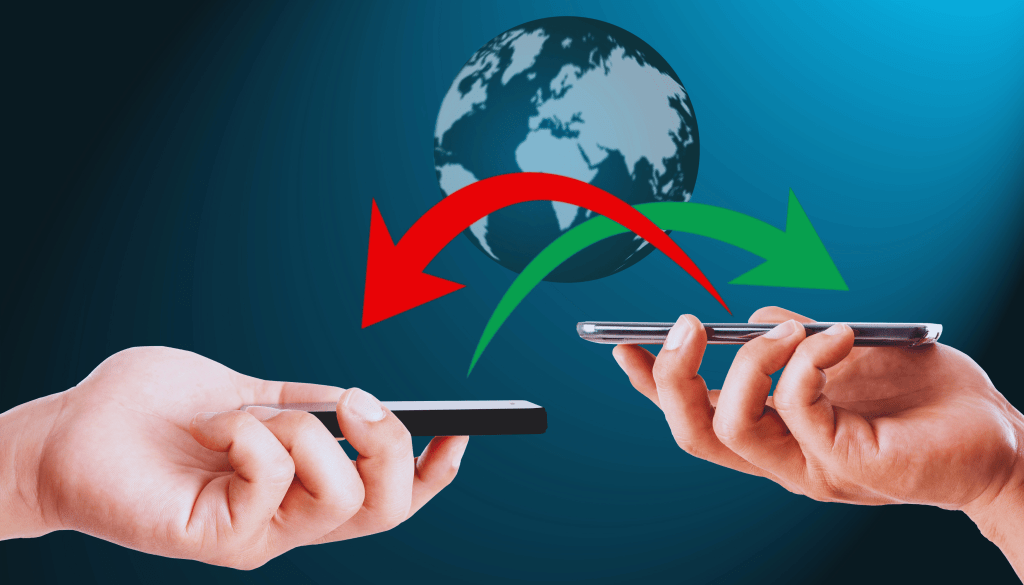 Two hands holding smartphones with arrows representing international business transfers across the globe