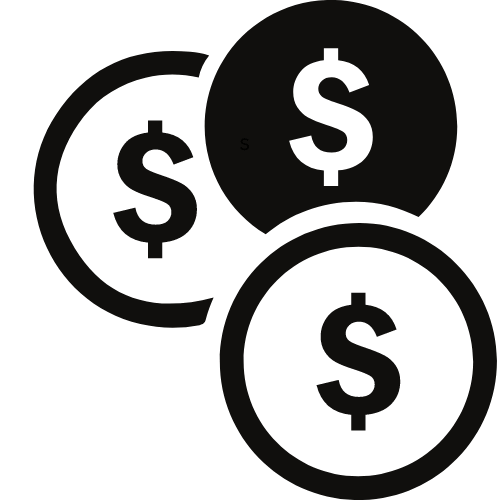 Icon of three overlapping coins, each featuring a dollar sign ($) in the center, depicted in a solid dark blue color.