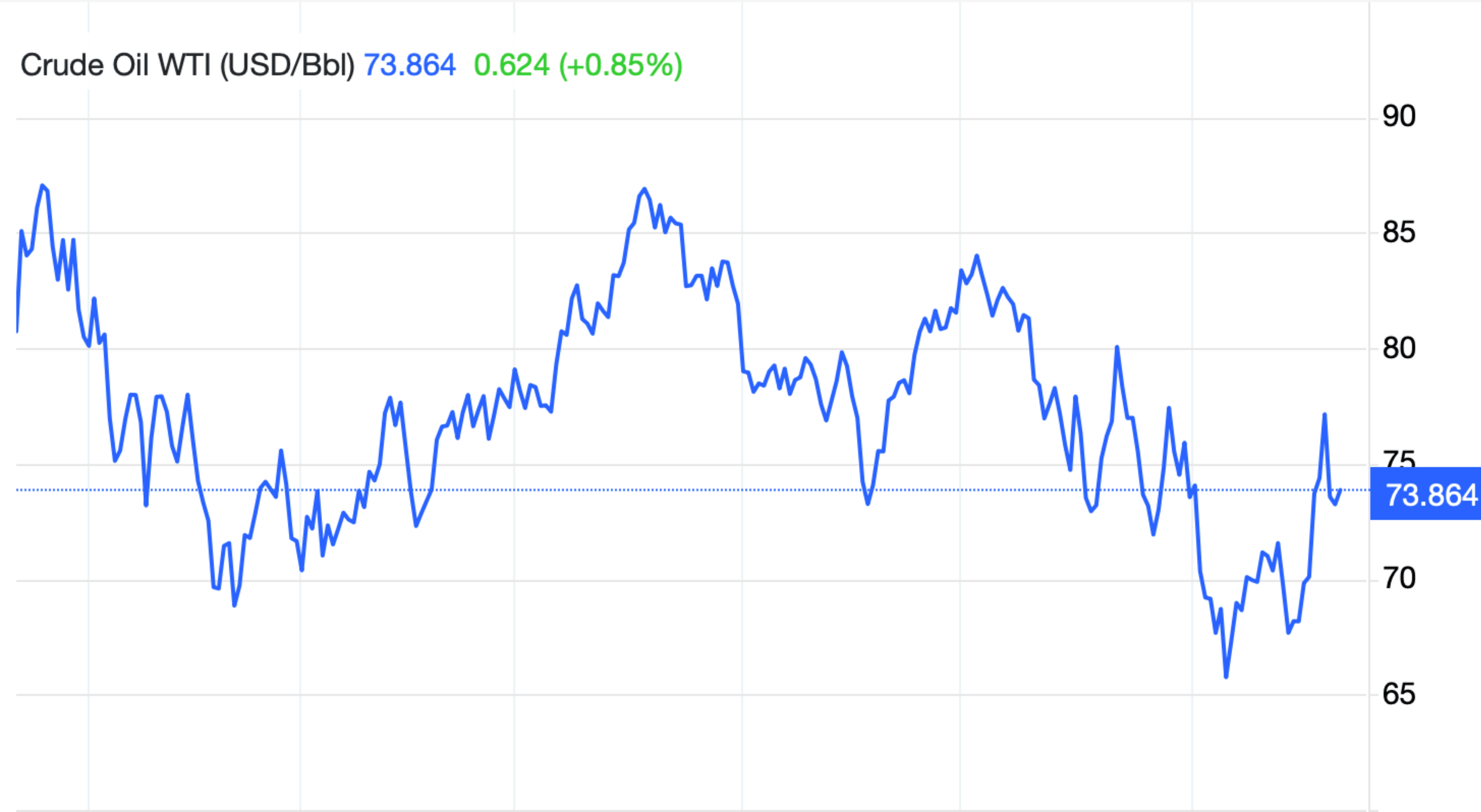 Live chart displaying crude oil (WTI) price at $73.86 per barrel, showing an increase of 0.85%.