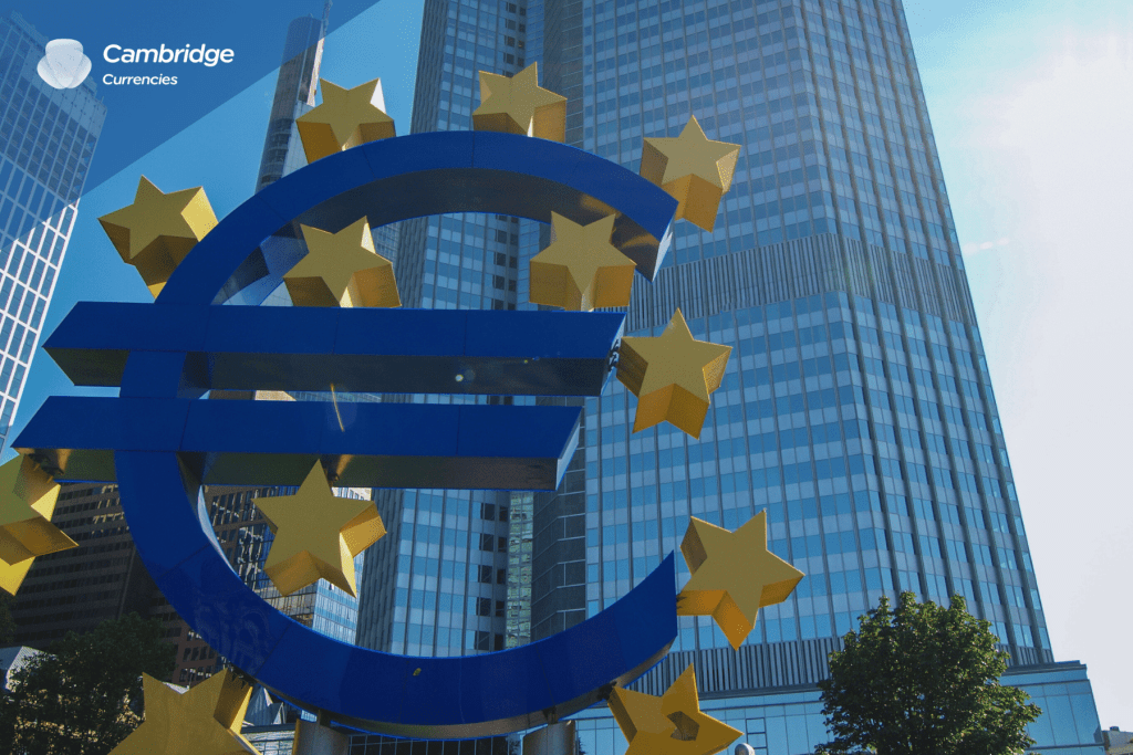European Central Bank (ECB) building with the iconic Euro symbol surrounded by golden stars, representing the economic and financial hub of the Eurozone.