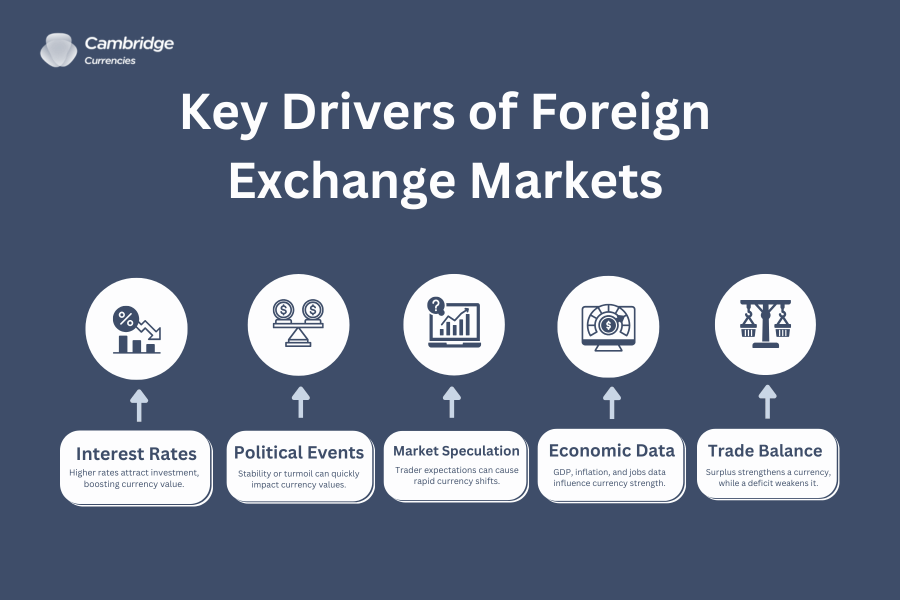 Graphic showing key drivers the gbp/inr currency exchange rate, highlighting five factors: Interest Rates, Political Events, Market Speculation, Economic Data, and Trade Balance, with corresponding icons and descriptions for each.