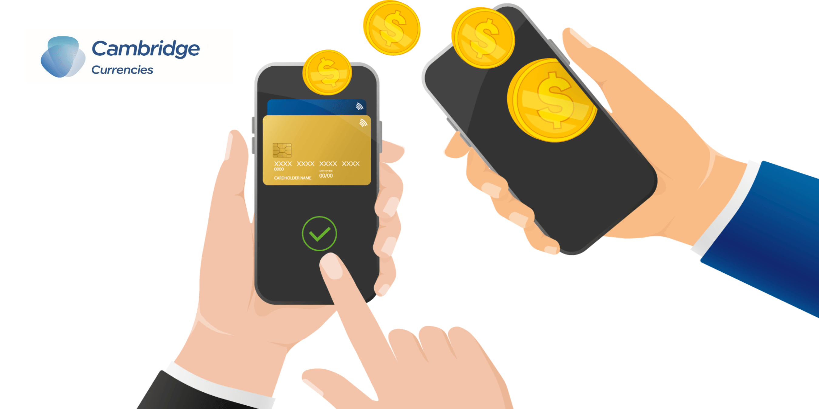 Illustration of a digital International Payments showing two smartphones, one displaying a credit card and the other receiving coins, with the Cambridge Currencies logo in the top left corner. A finger is tapping the screen with a checkmark, symbolizing a successful transaction.